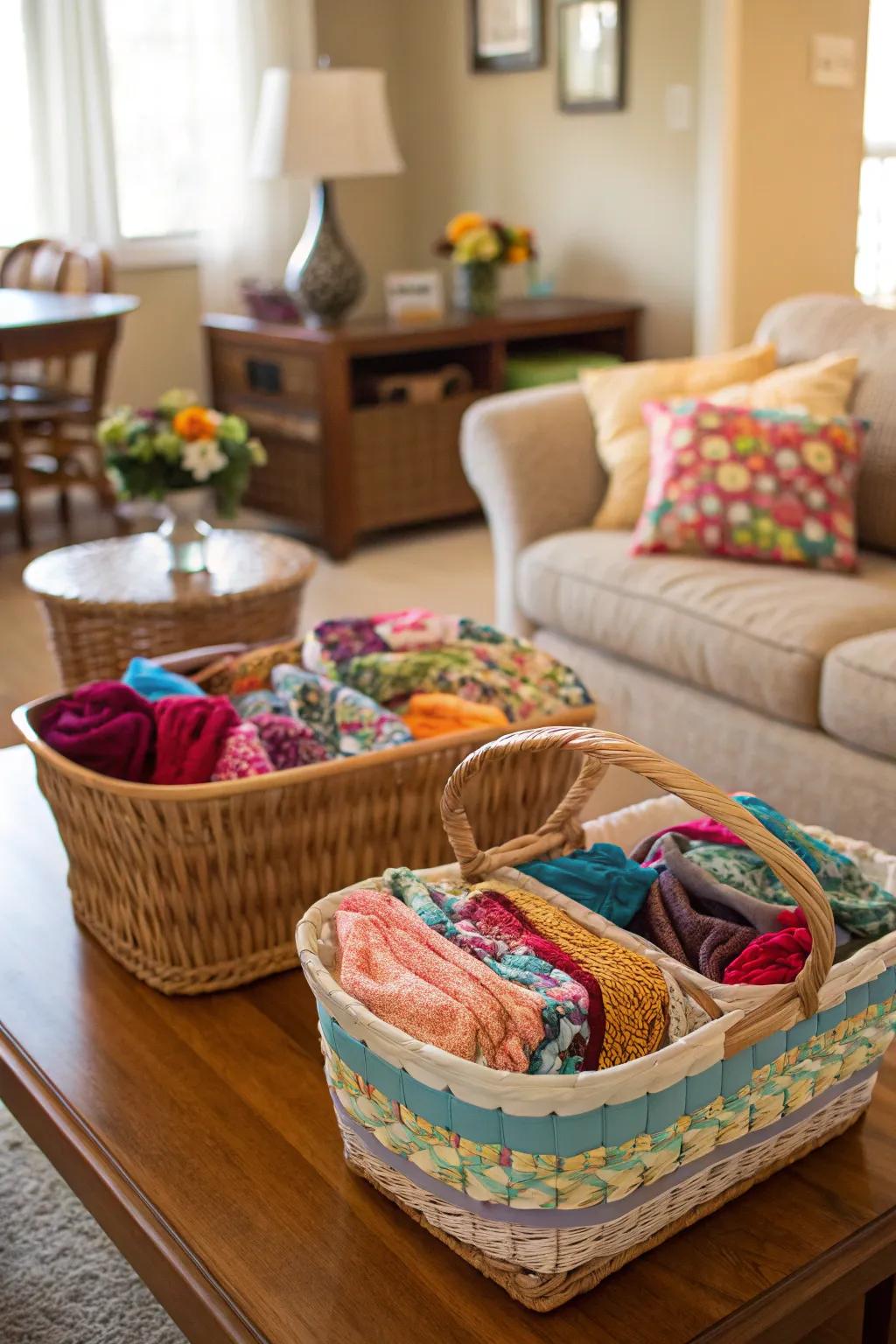 Injecting color using fabric-adorned baskets.