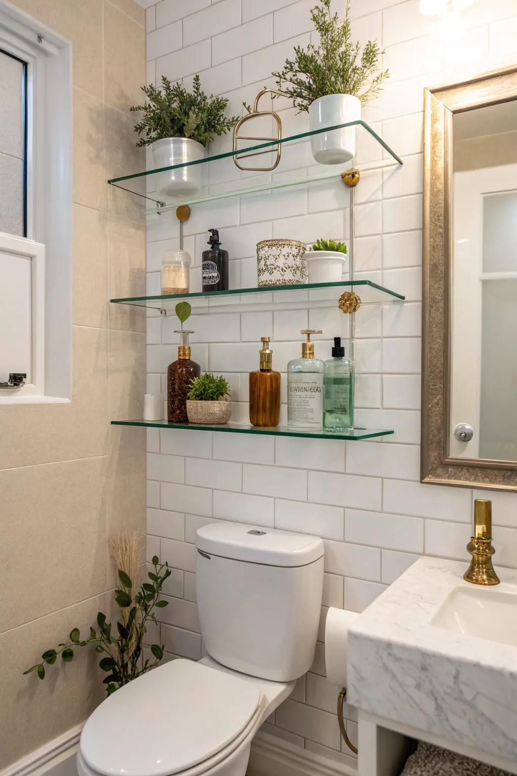 Glass shelves offer a light, airy storage option.