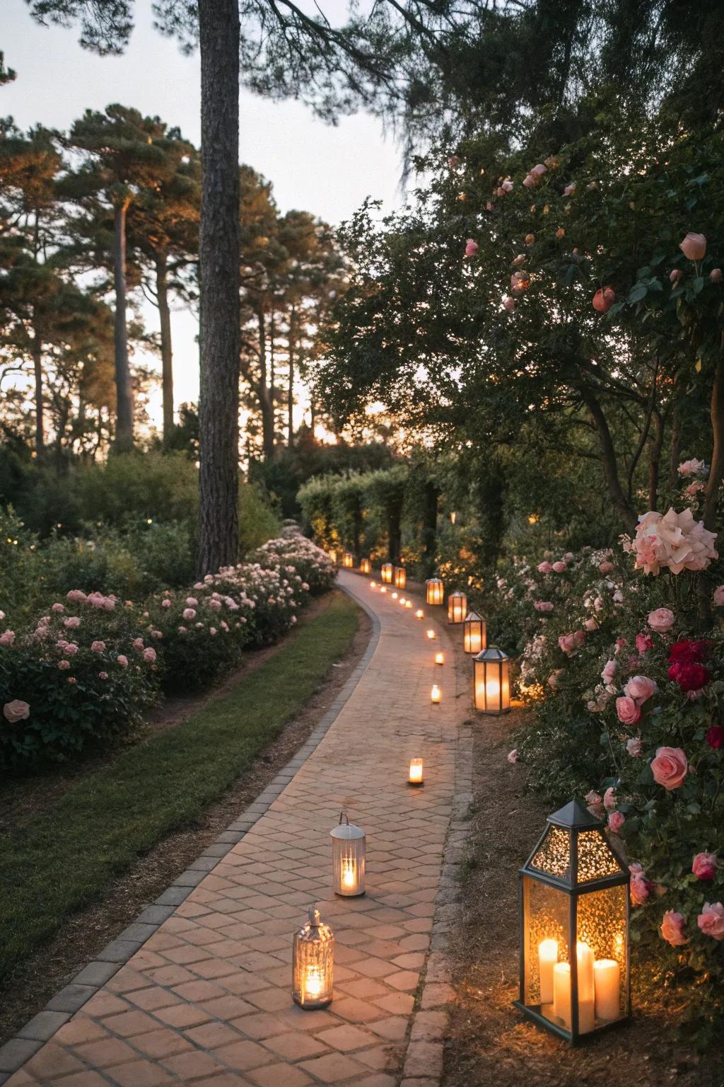 Candles illuminate paths with warmth and charm.