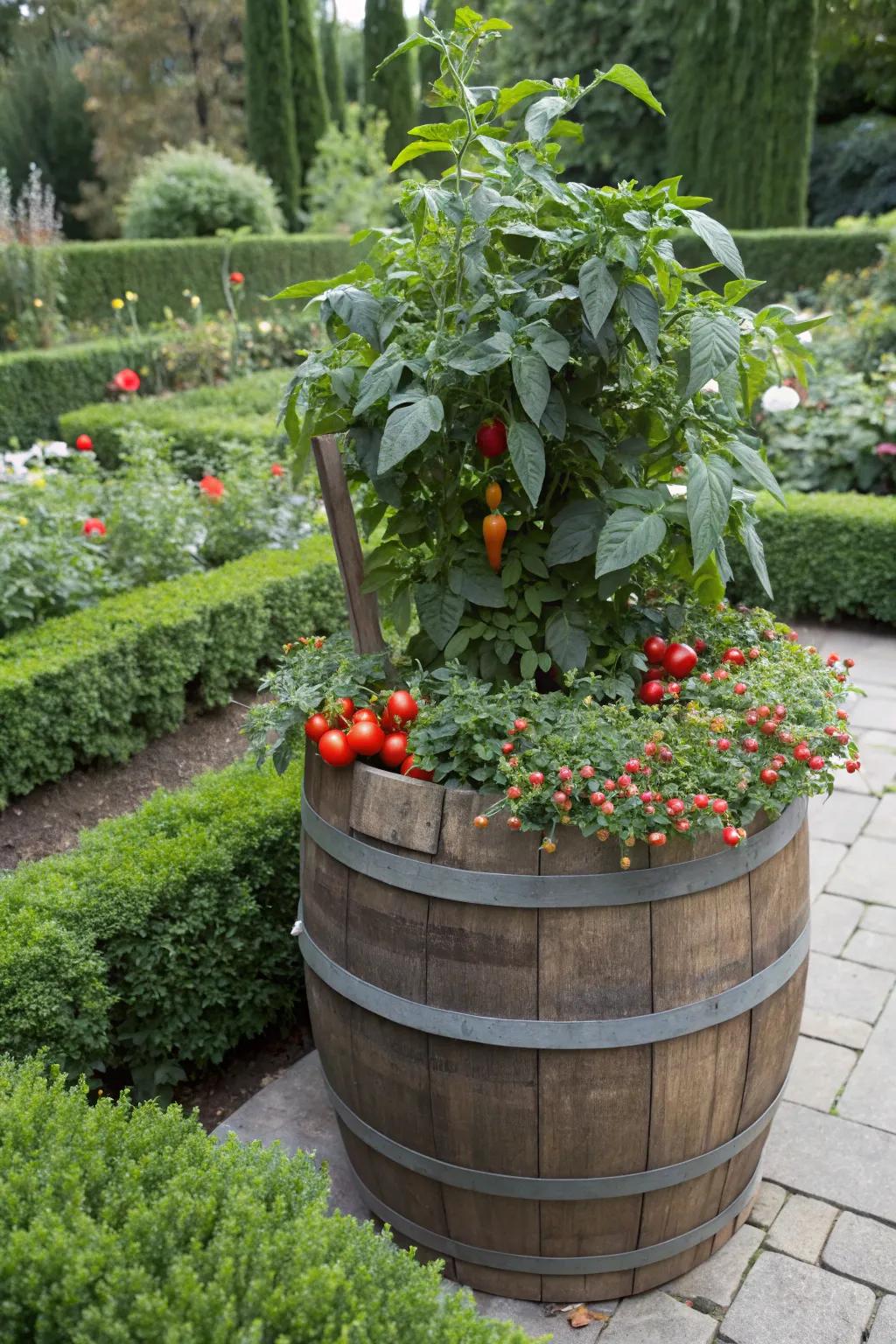 A rich harvest of vegetables developing inside a whiskey barrel.
