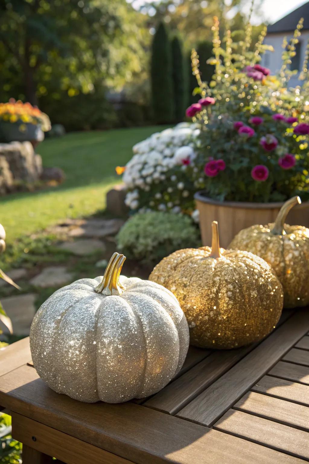 Incorporate some shimmer using glitter-coated pumpkins.