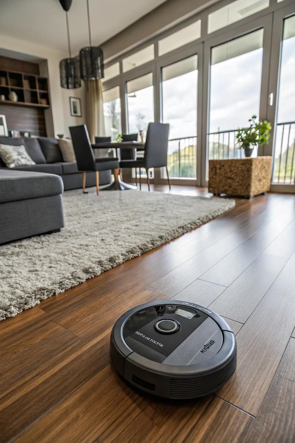 An automated cleaner efficiently cleans a modern living room, ensuring pristine floors with minimal intervention.