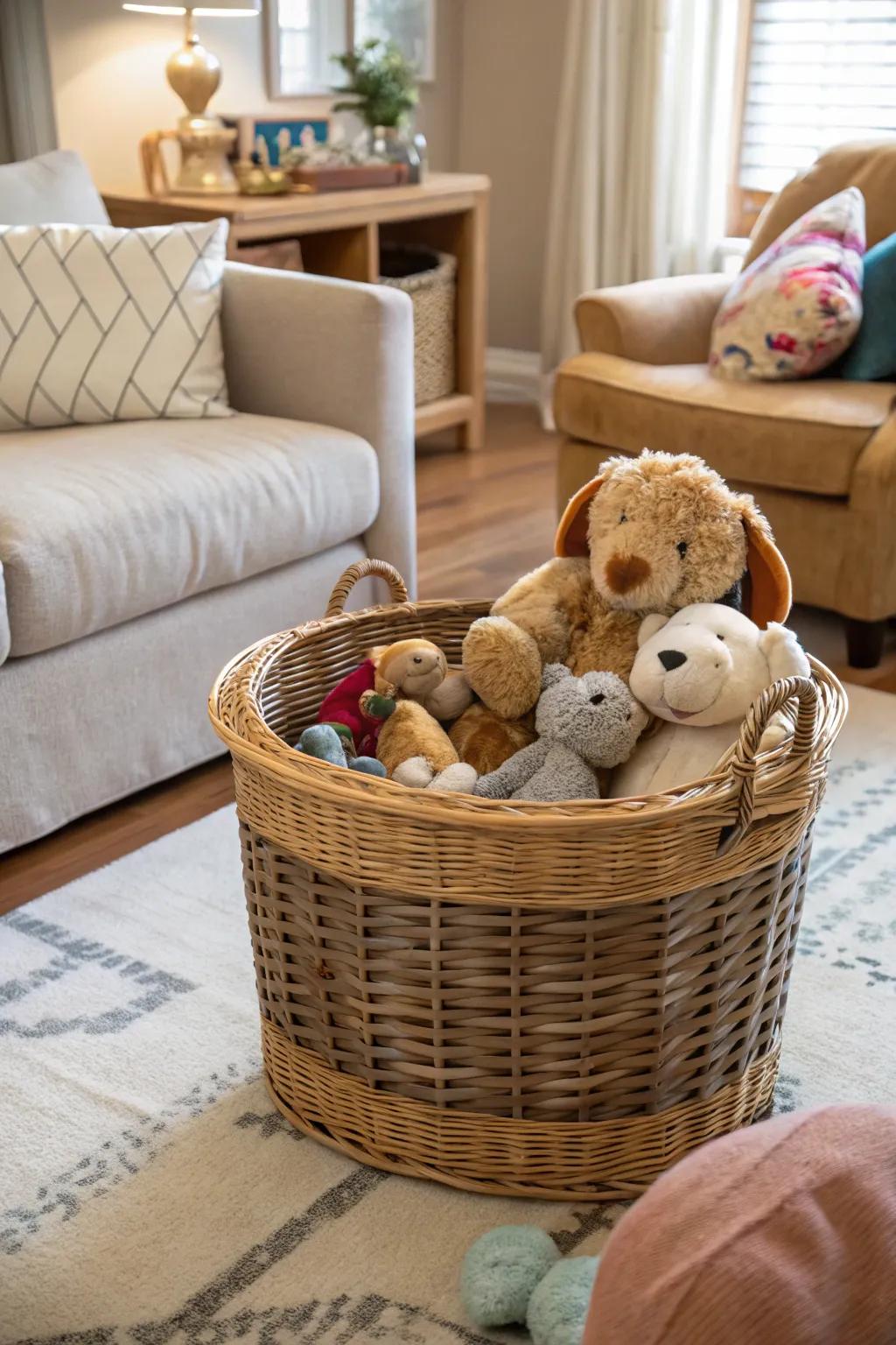Wicker baskets are both fashionable and practical for storing toys.