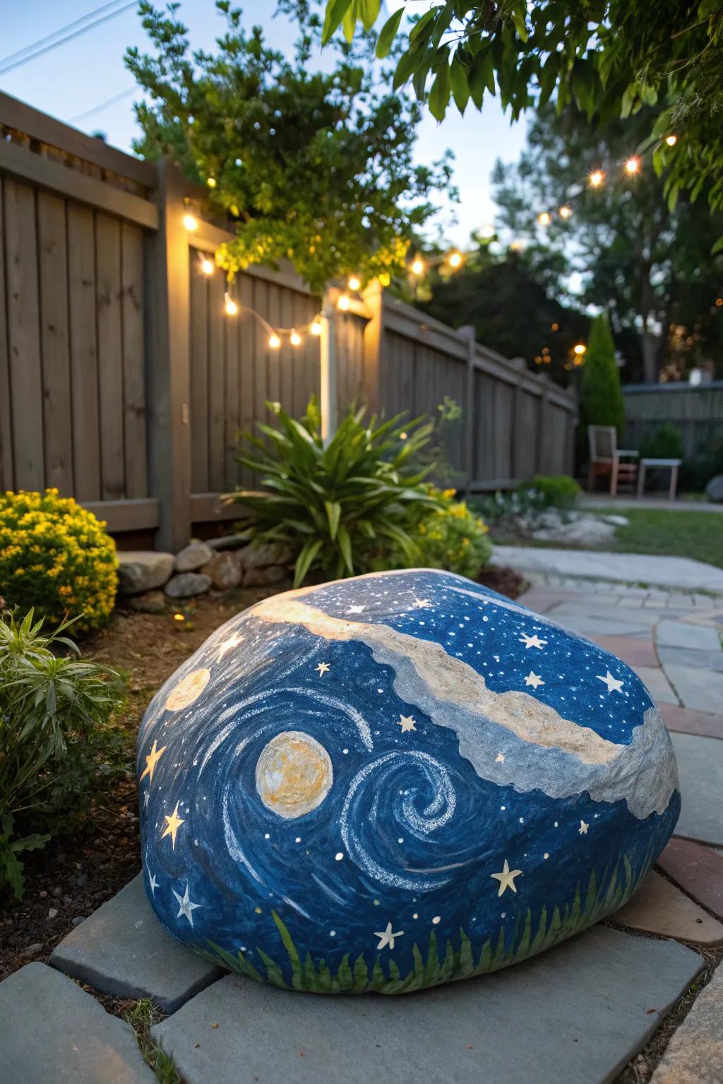 Construct a magical atmosphere with starry night stone art.
