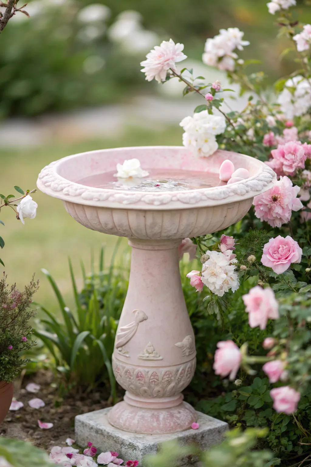 A pastel pink bird spa nestled among soft blooms, offering a tranquil retreat for birds.