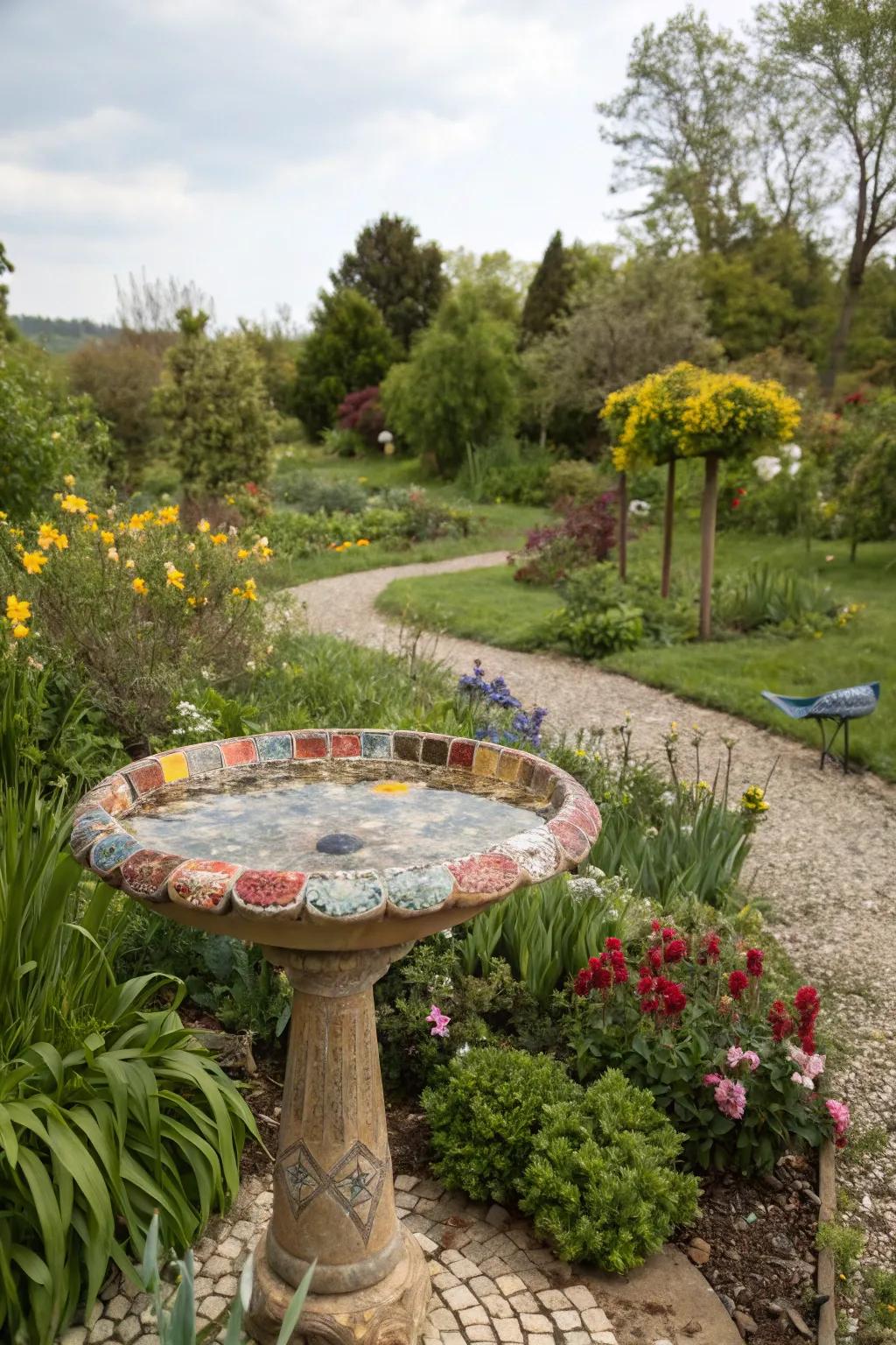A mosaic bird bath introduces an artistic flair to your yard.