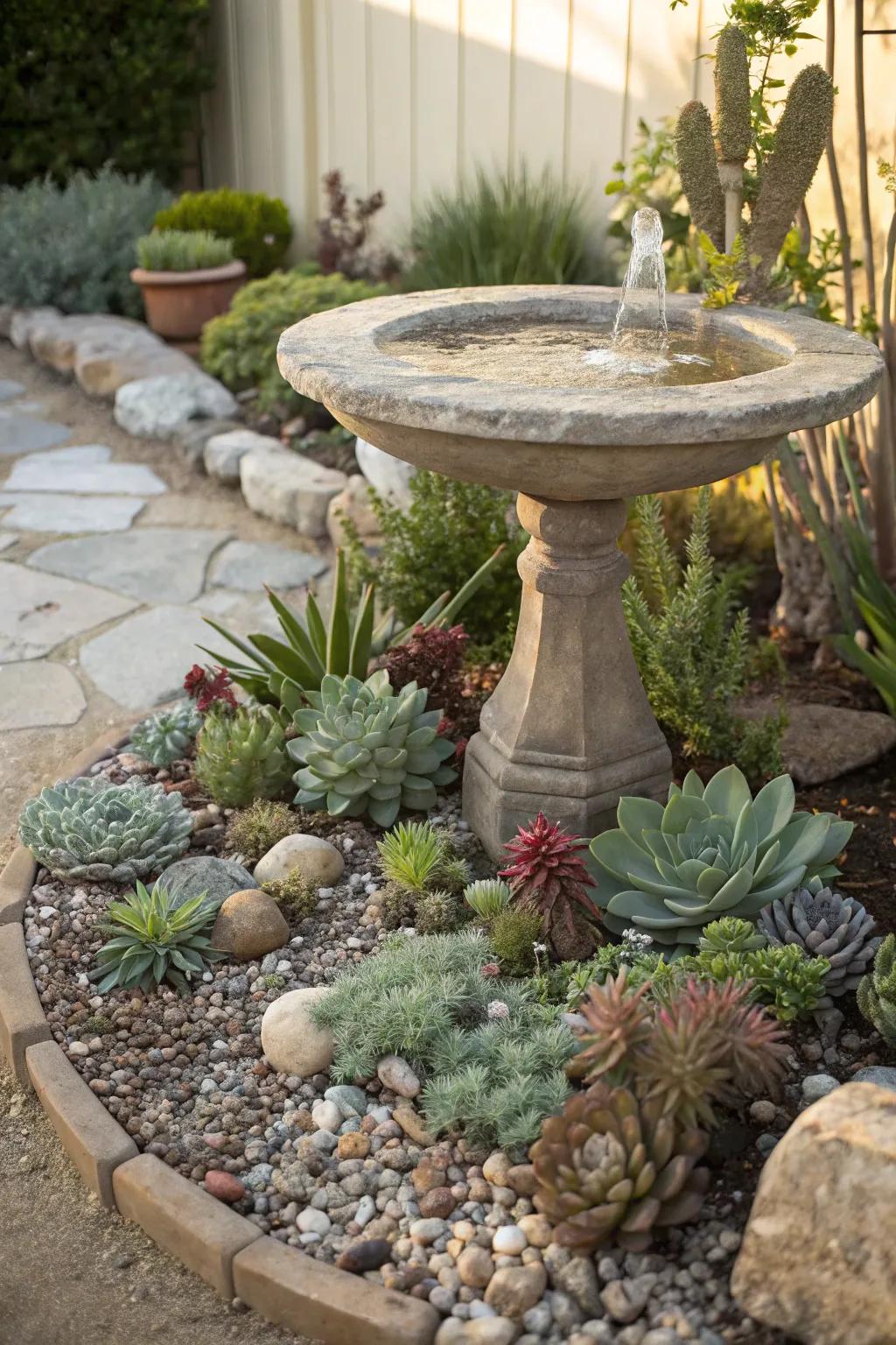 A bird bath ornamented with fleshy flora, providing a fresh, natural aesthetic.