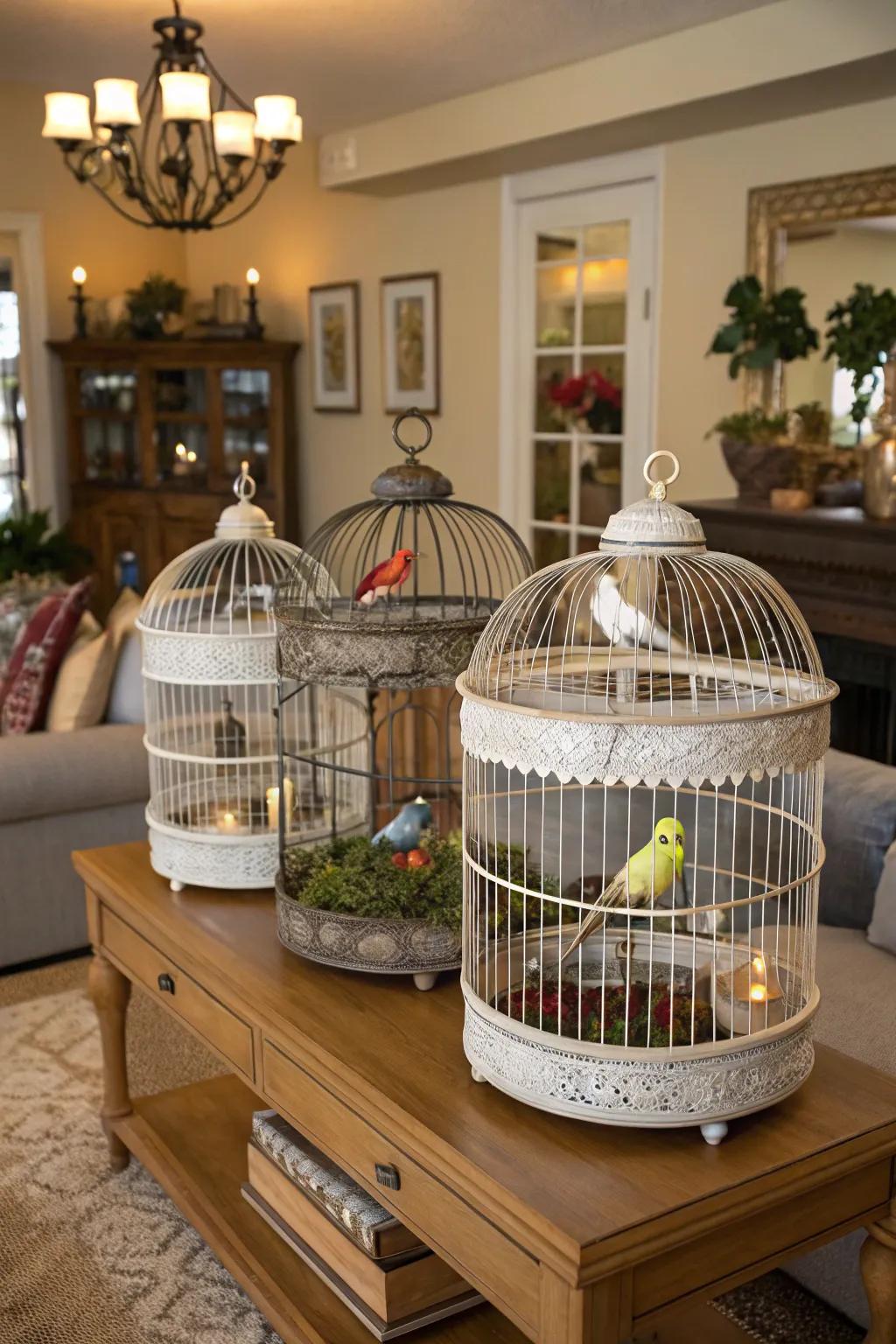 A unified exhibition of numerous bird cages for visual influence.