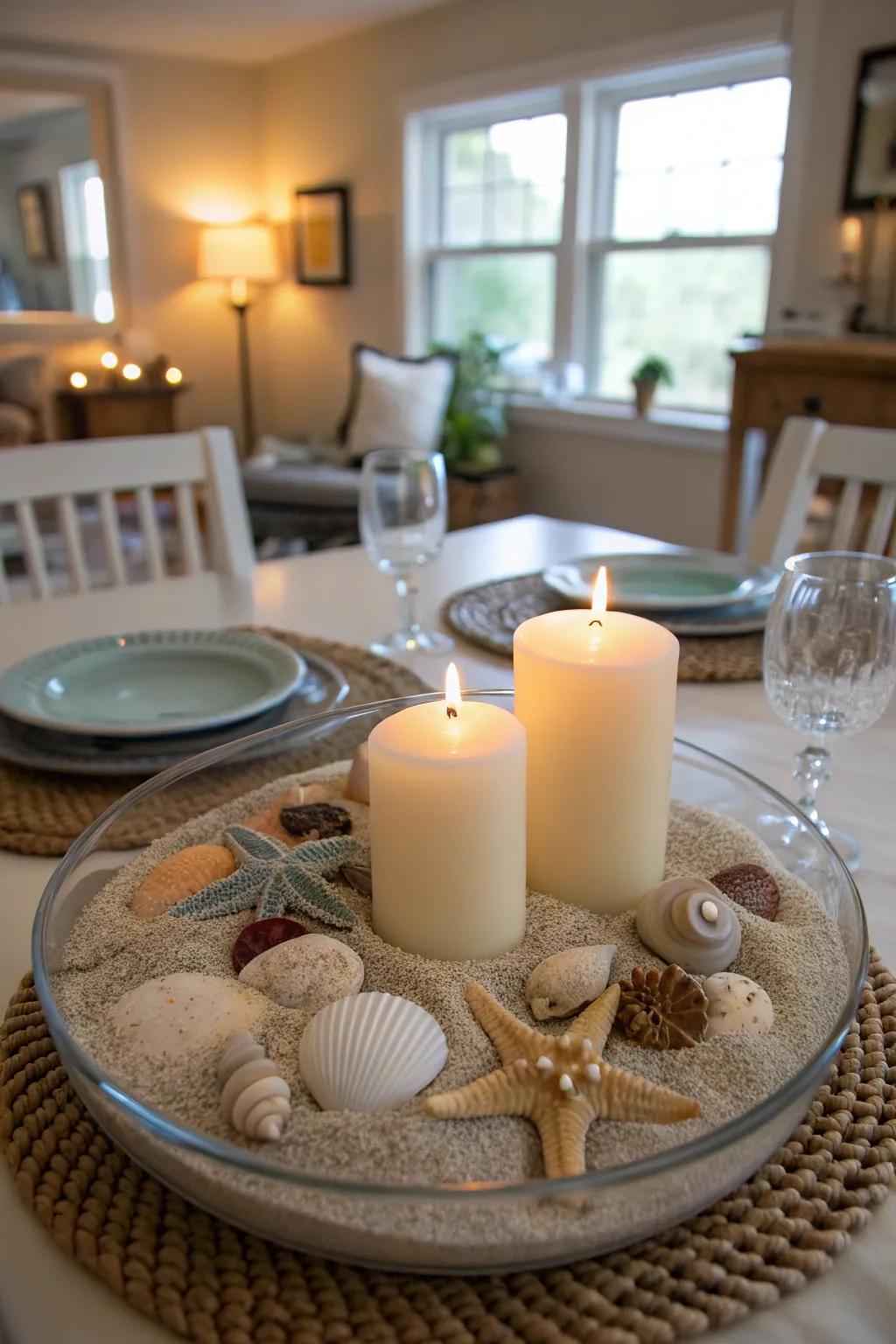 A calming seaside-inspired centerpiece for a beachy vibe.