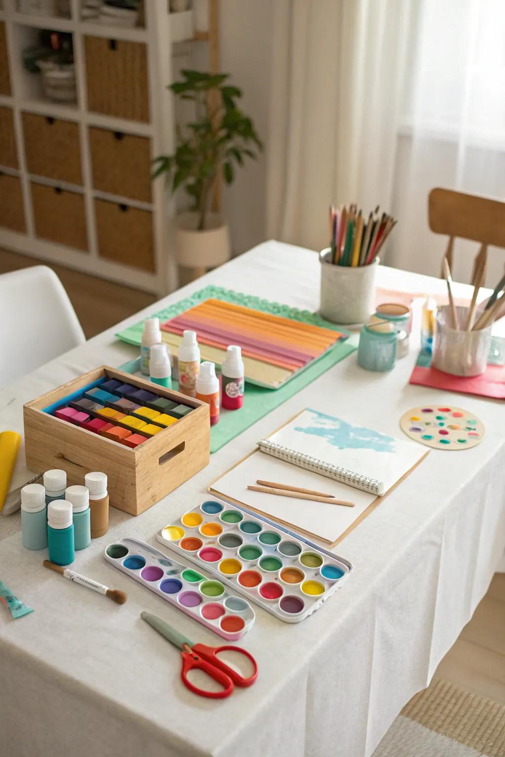 A DIY craft station encourages guests to create unique party keepsakes.