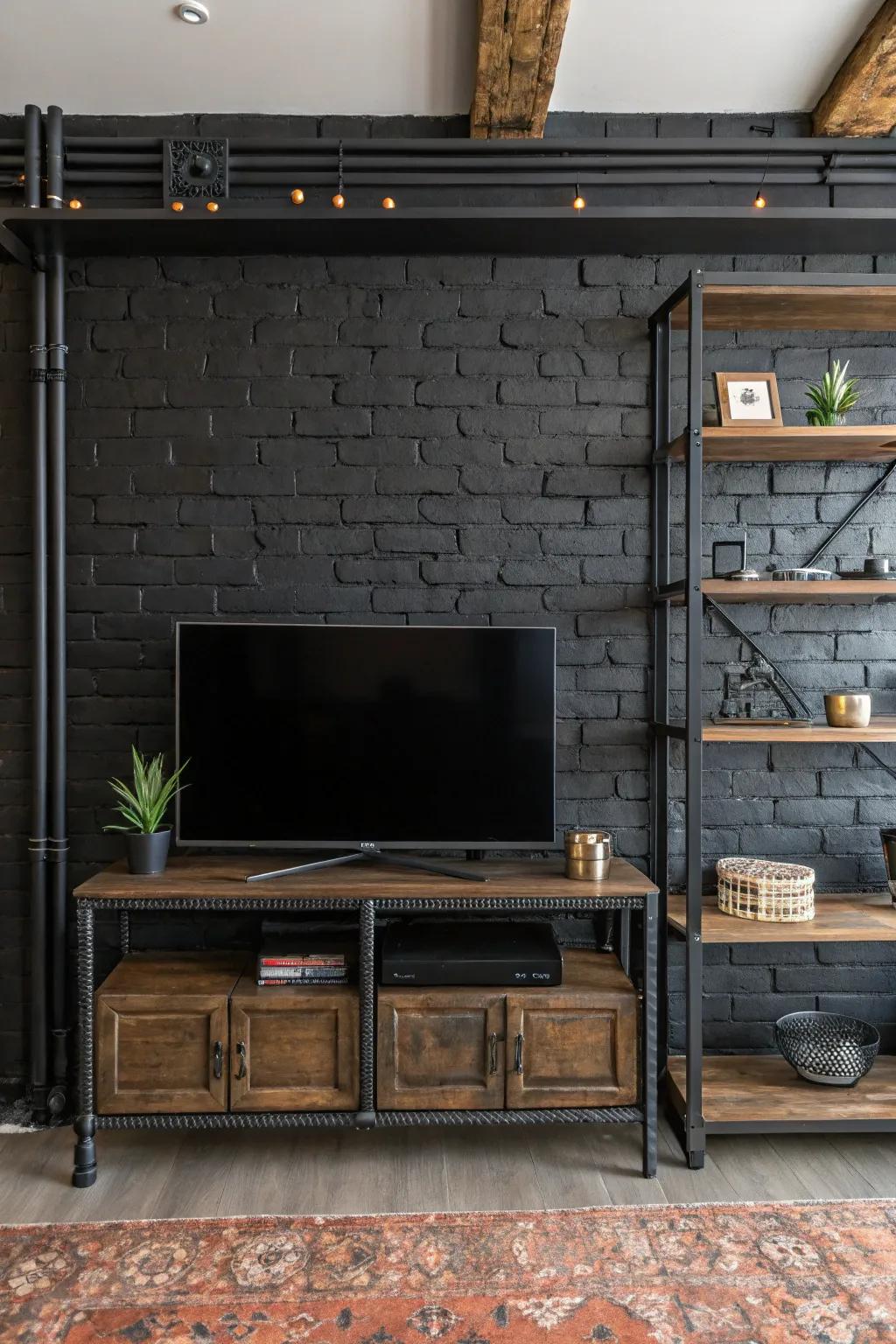Industrial elements heighten the urban aesthetic of a black accent wall.