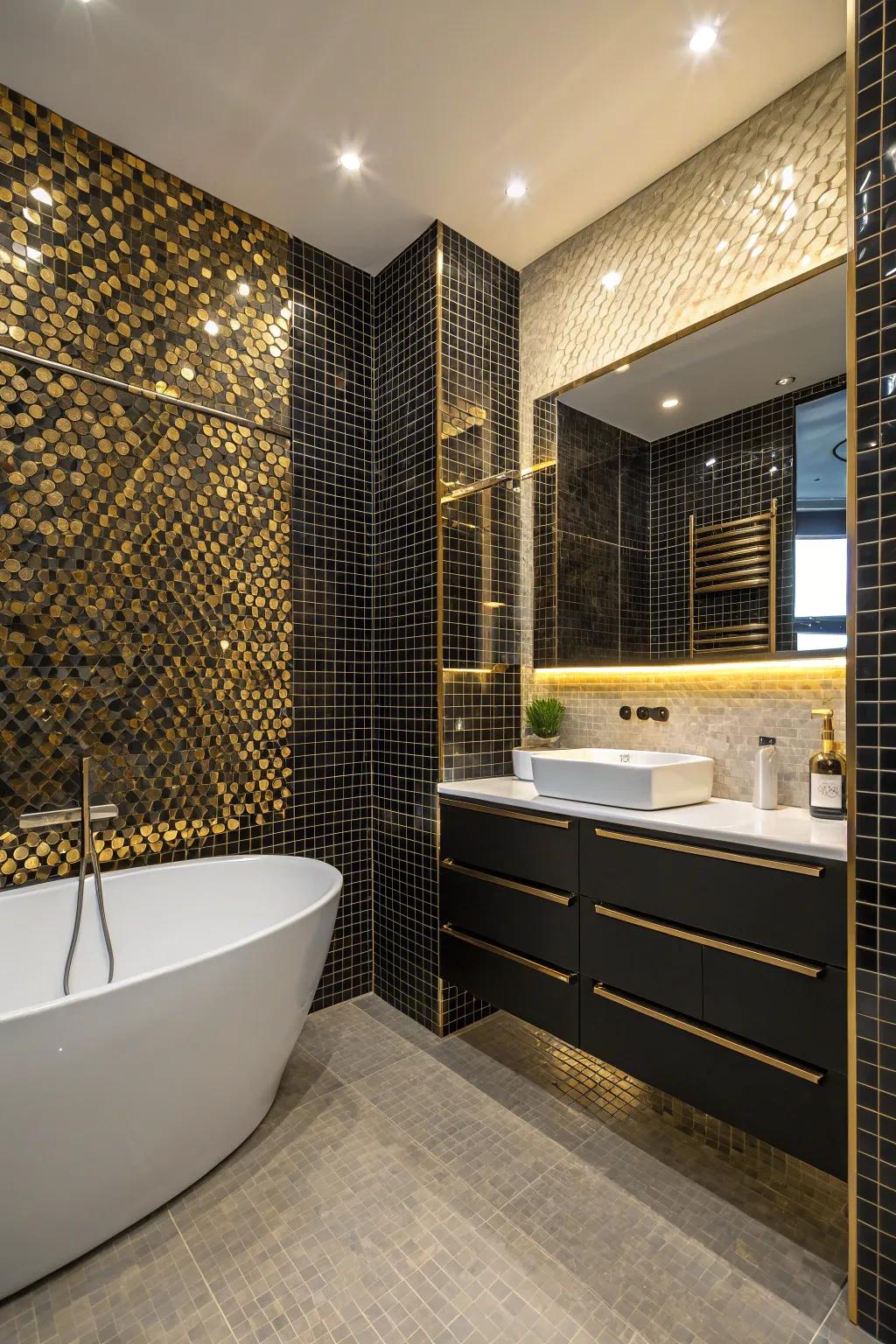 Mosaic tiles in black and gold bring elegance and texture.