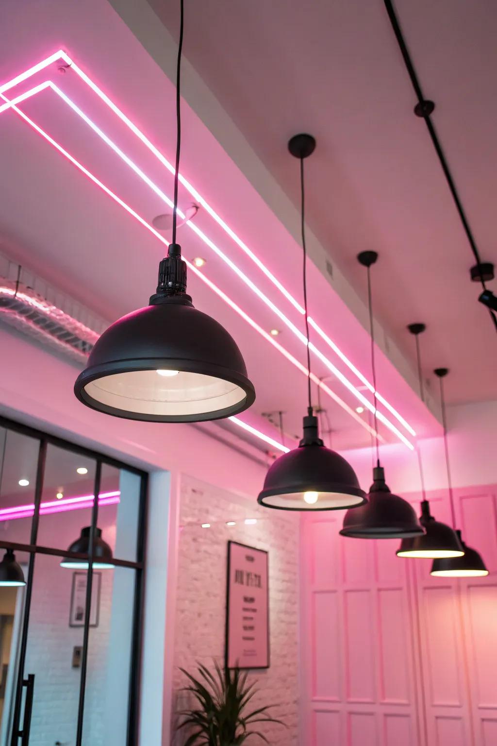 Contemporary lighting choices contribute a modern feel to the area.
