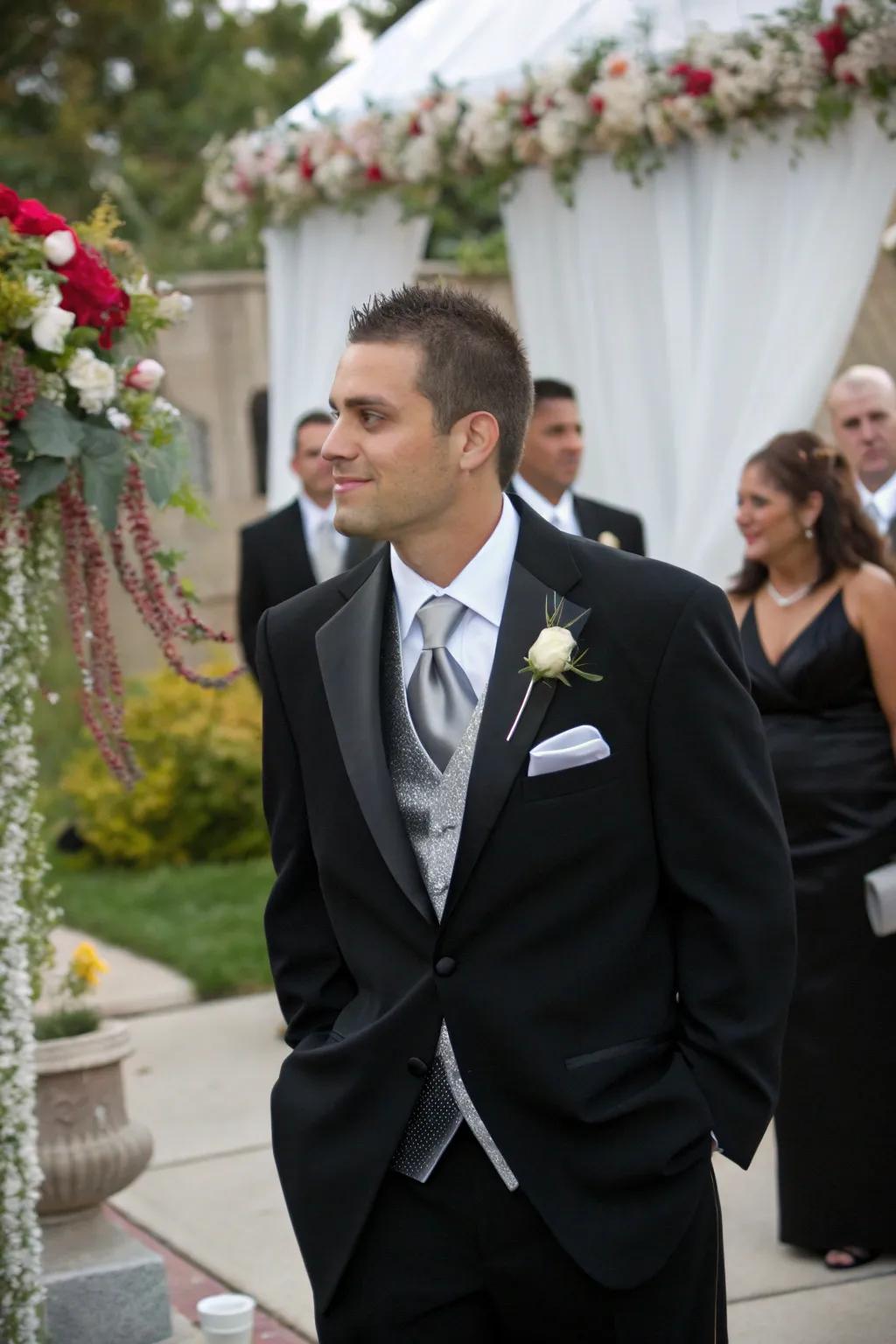 Dapper groom's ensemble in ebony and bright shades.