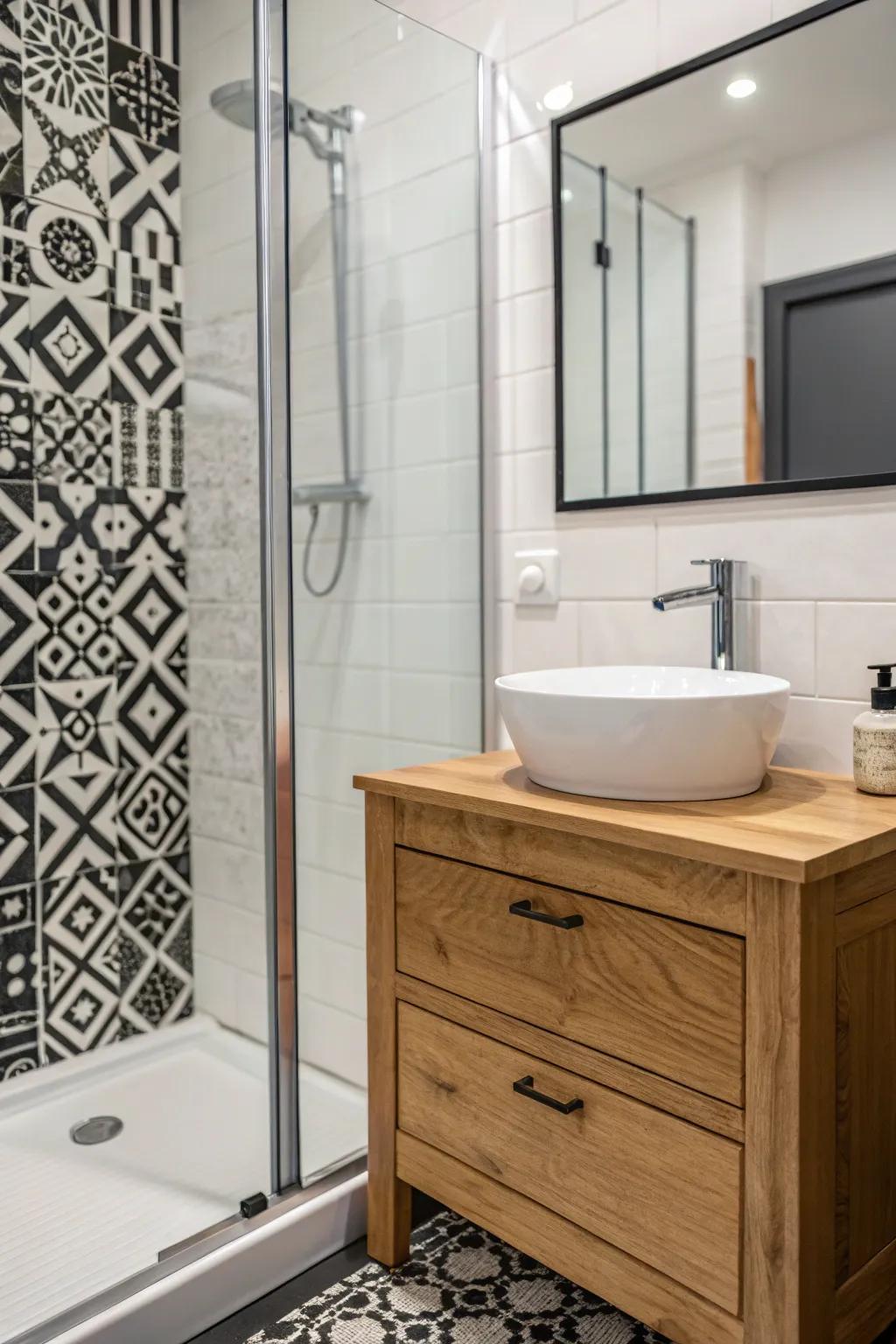 Wood details add warmth to the black and white palette.