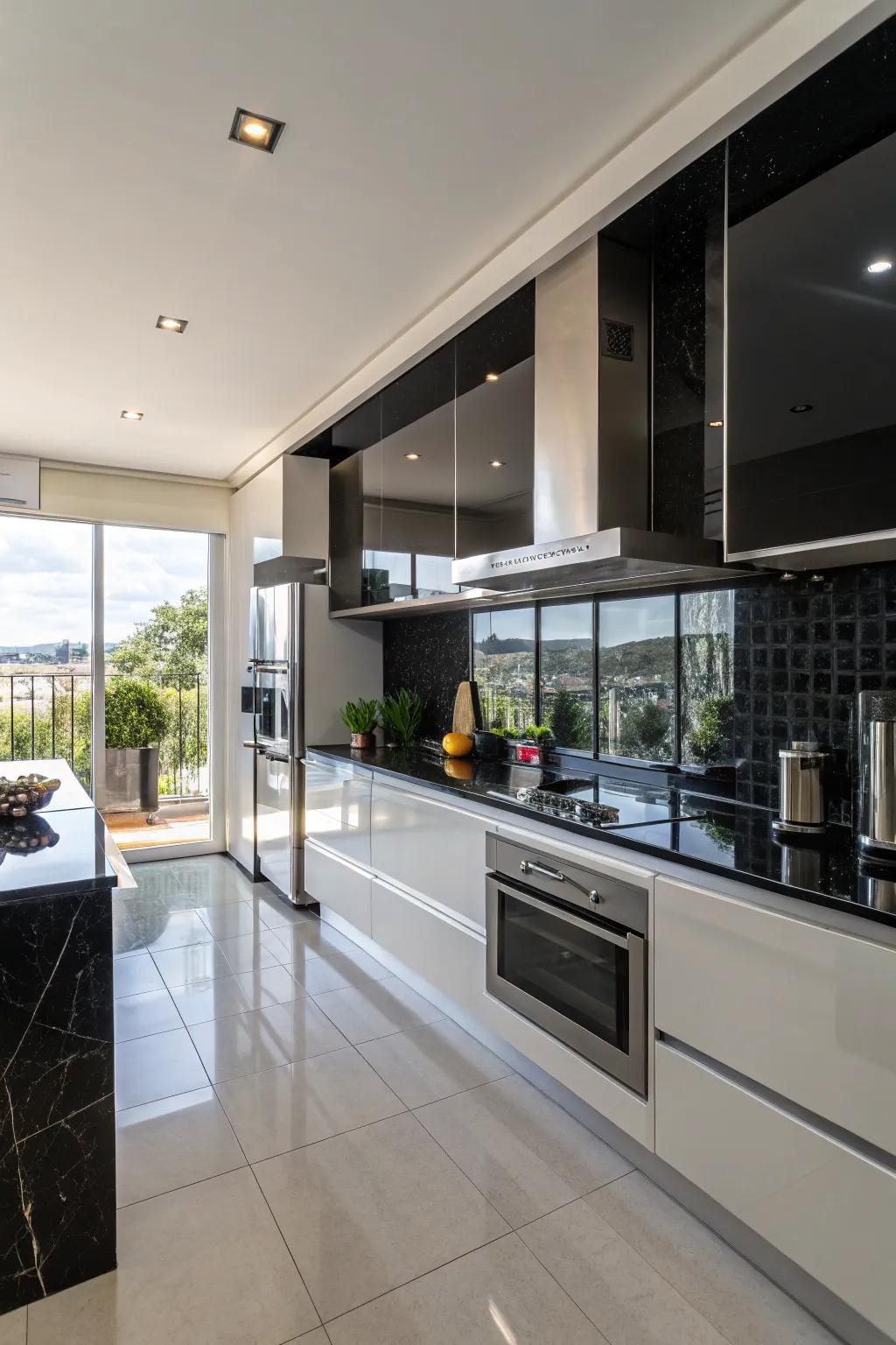 Polished dark panels bring glamour and light into a modern cooking space setting.