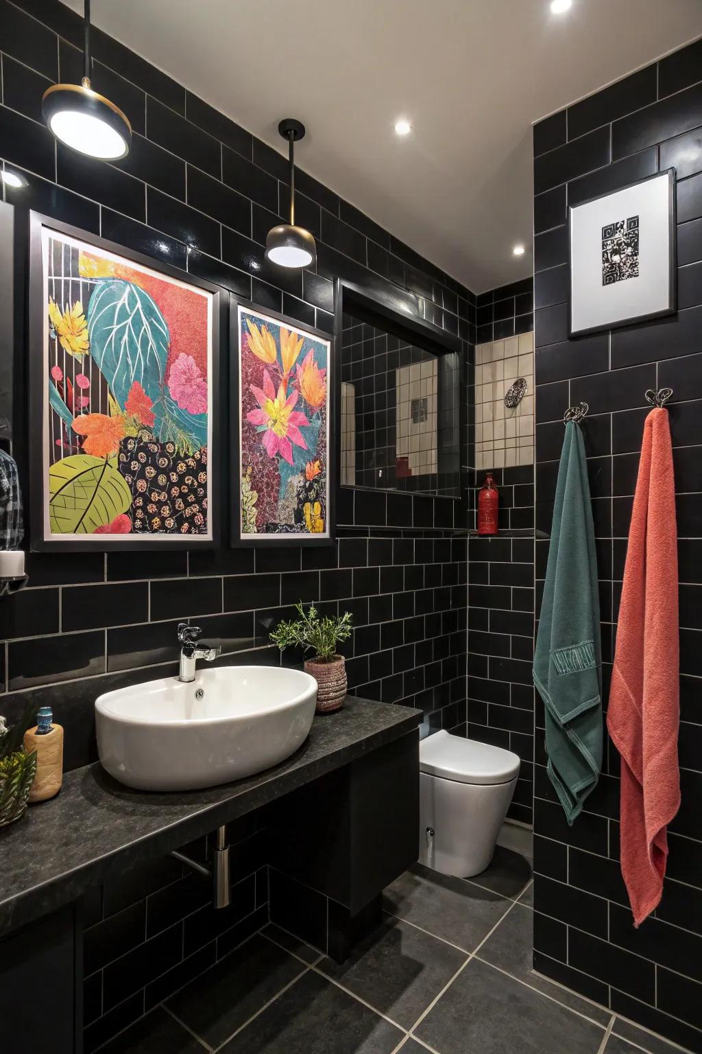 Striking artworks are prominently displayed against black walls.