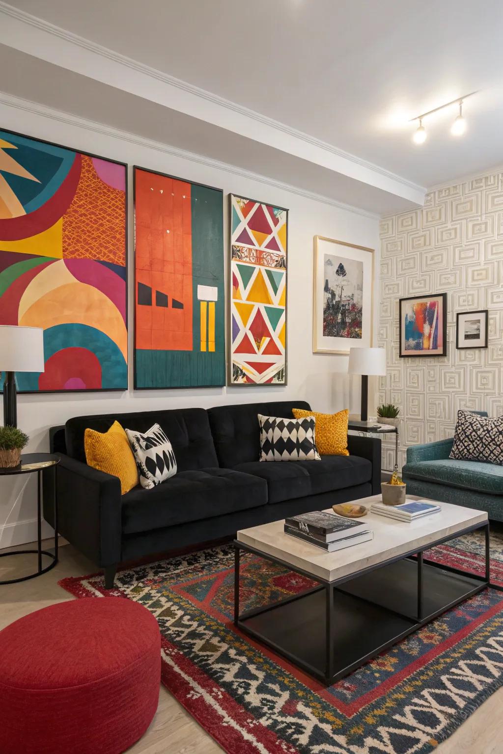 Vibrant artwork enhances a dark sofa.