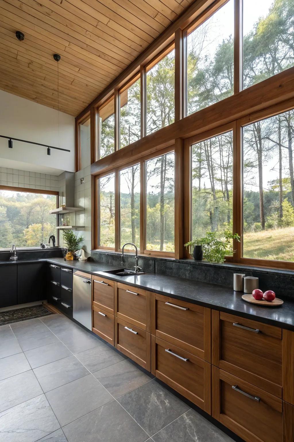 Sunlight balancing the shadowy aspects of dark countertops.