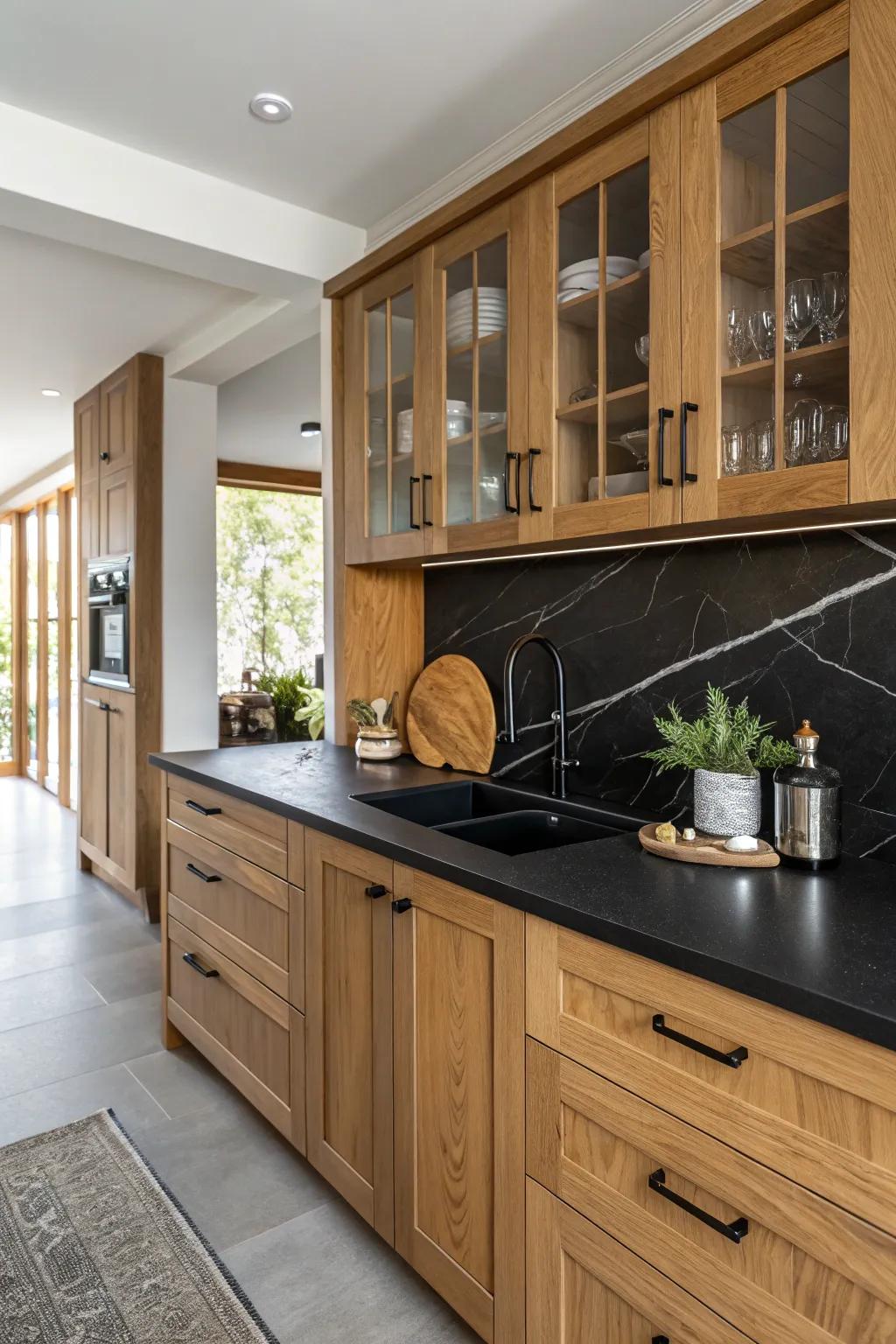 Timber elements paired with ebony worktops for warmth.