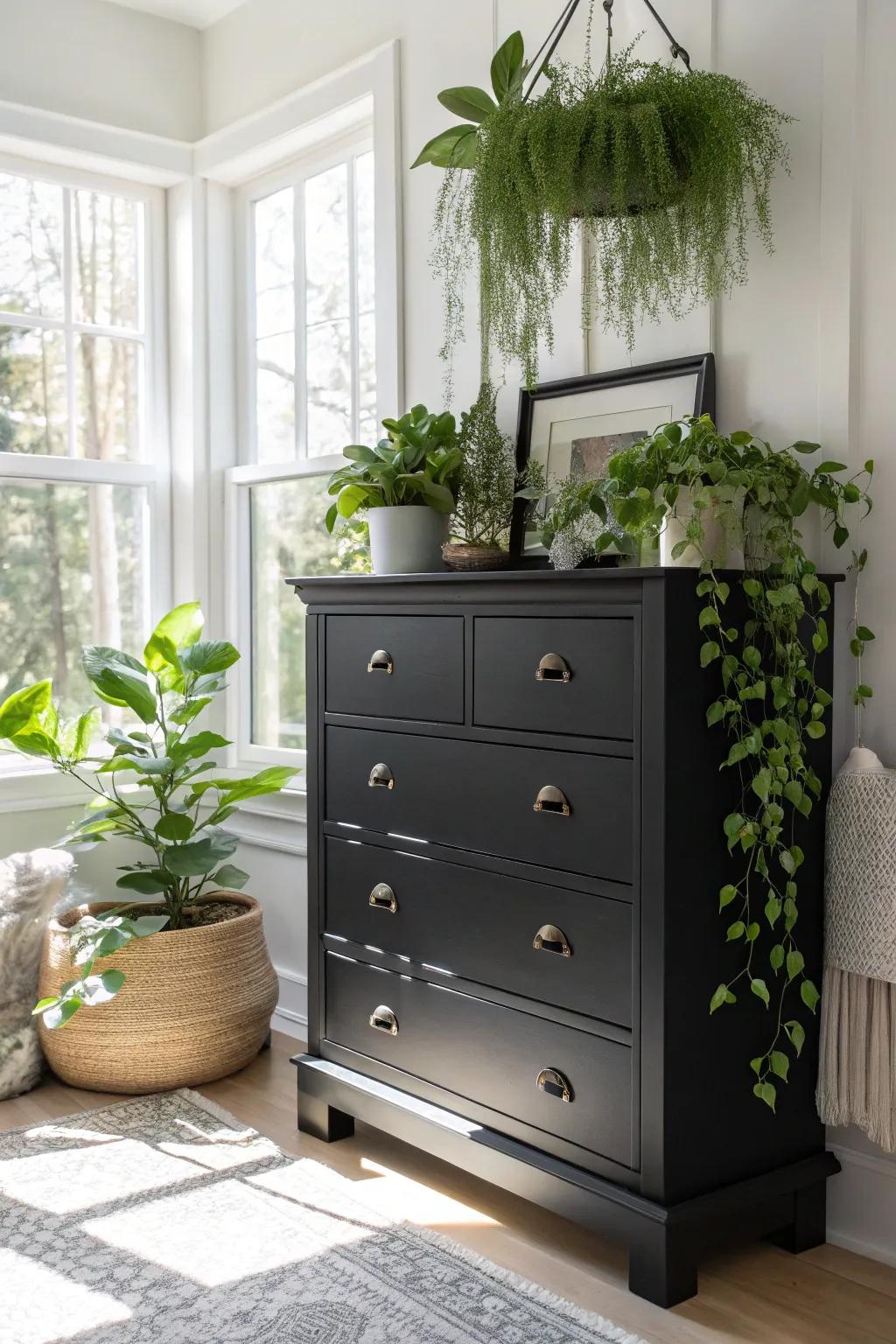 A black dresser enhanced by vibrant greenery.