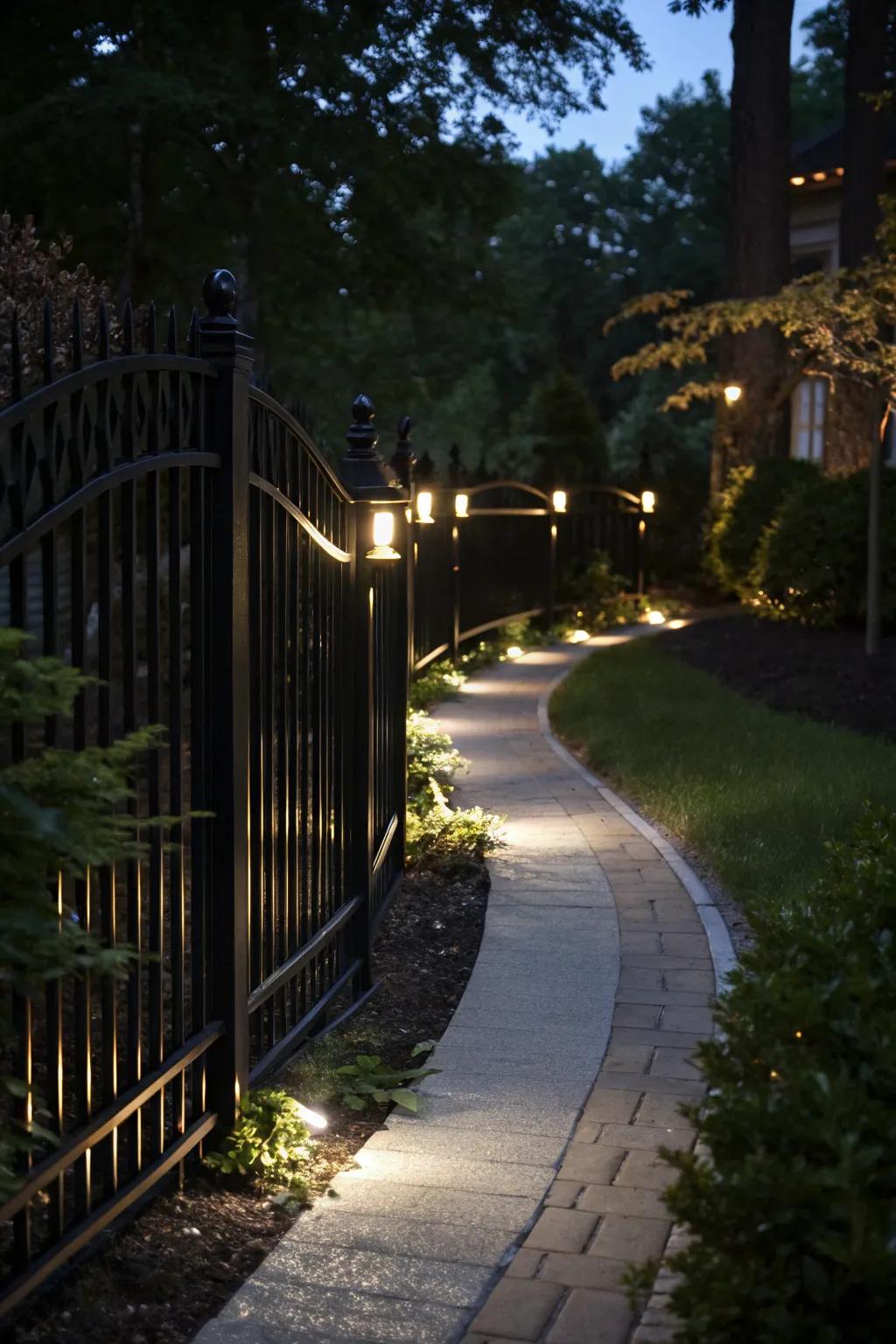 A dark fence illuminated with subtle lighting creates an enchanting nighttime ambiance.