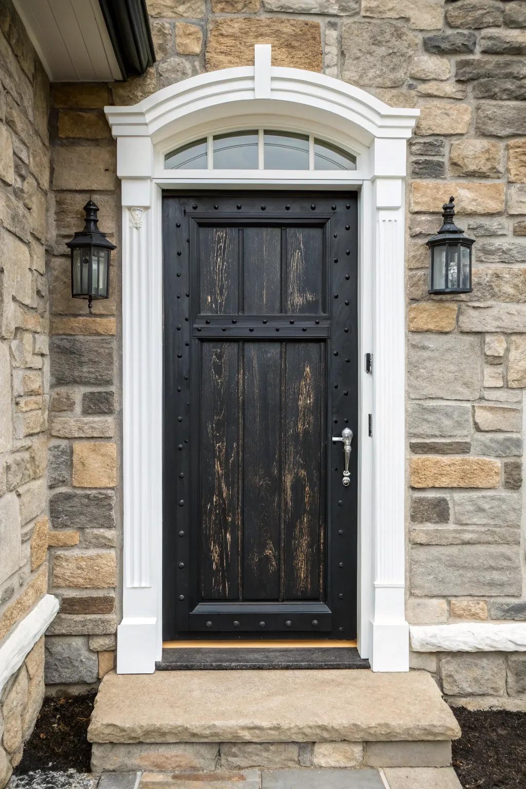 A textured wood surface on a black door enhances warmth and charm at the entrance.