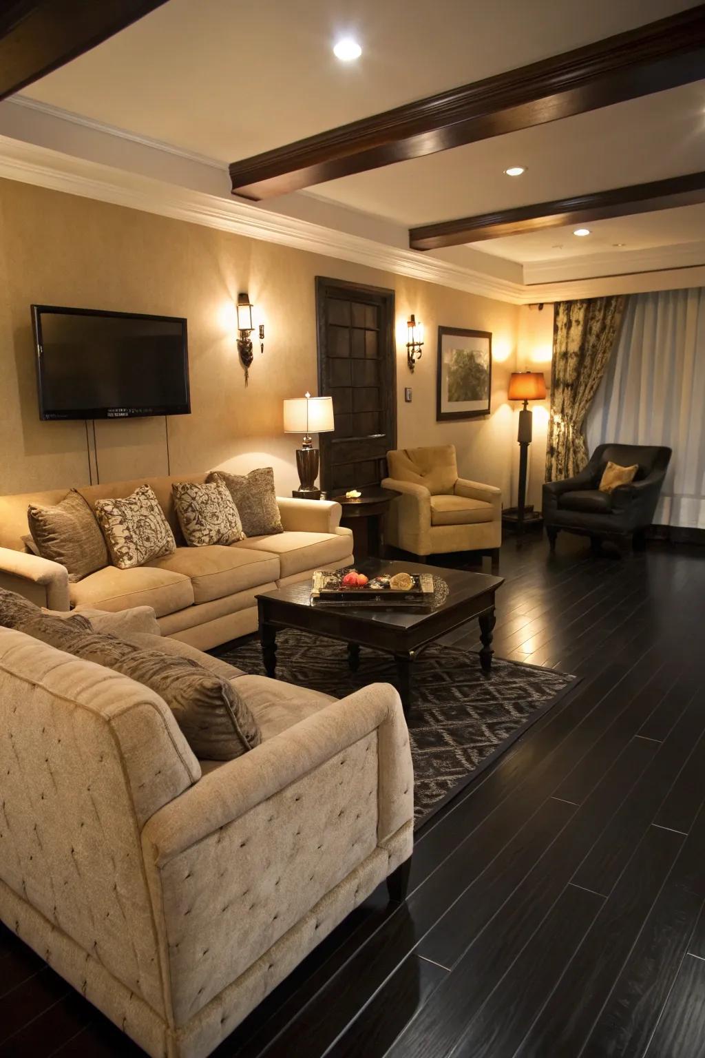 Cozy living area with luxurious dark floors.