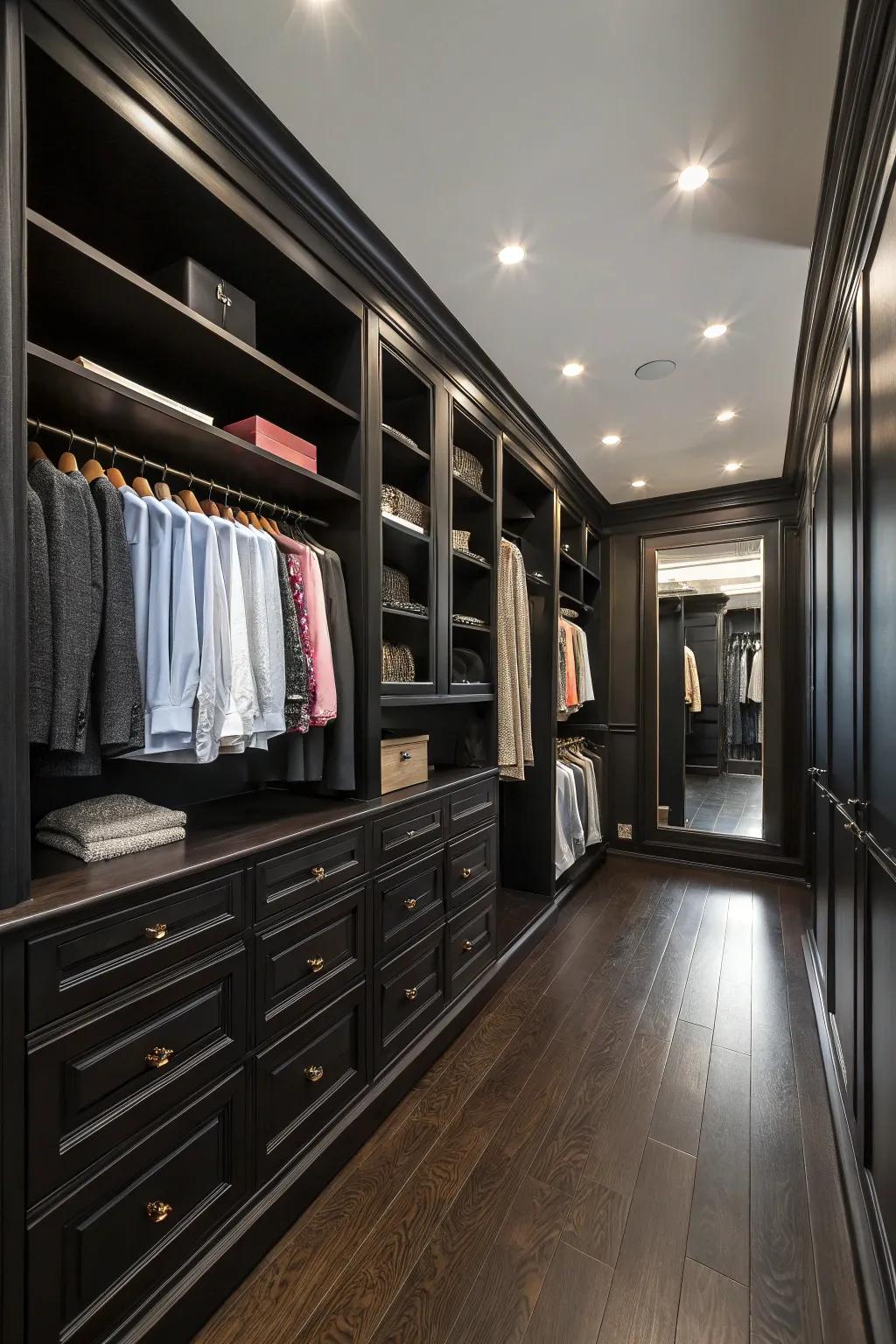 Unique flooring provides texture and style to the closet.