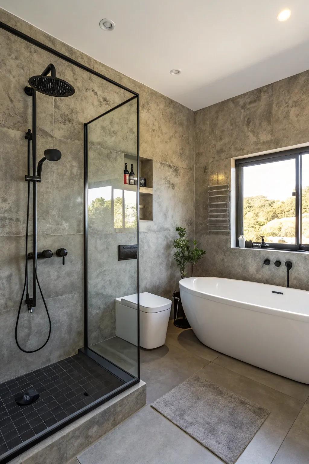 Elegant textured grey walls enhance the depth and style of this sophisticated bathroom.
