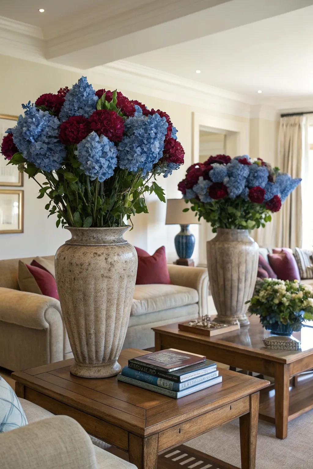 Arrangements of florals in matching hues convey natural splendor to the chamber.
