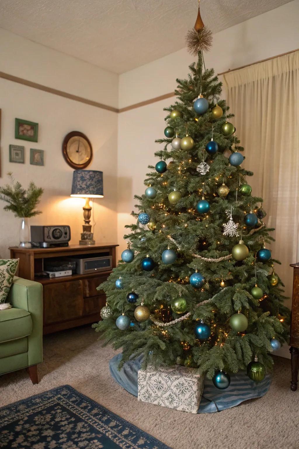 A denim and olive tree that exudes vintage charm and a sense of nostalgia.