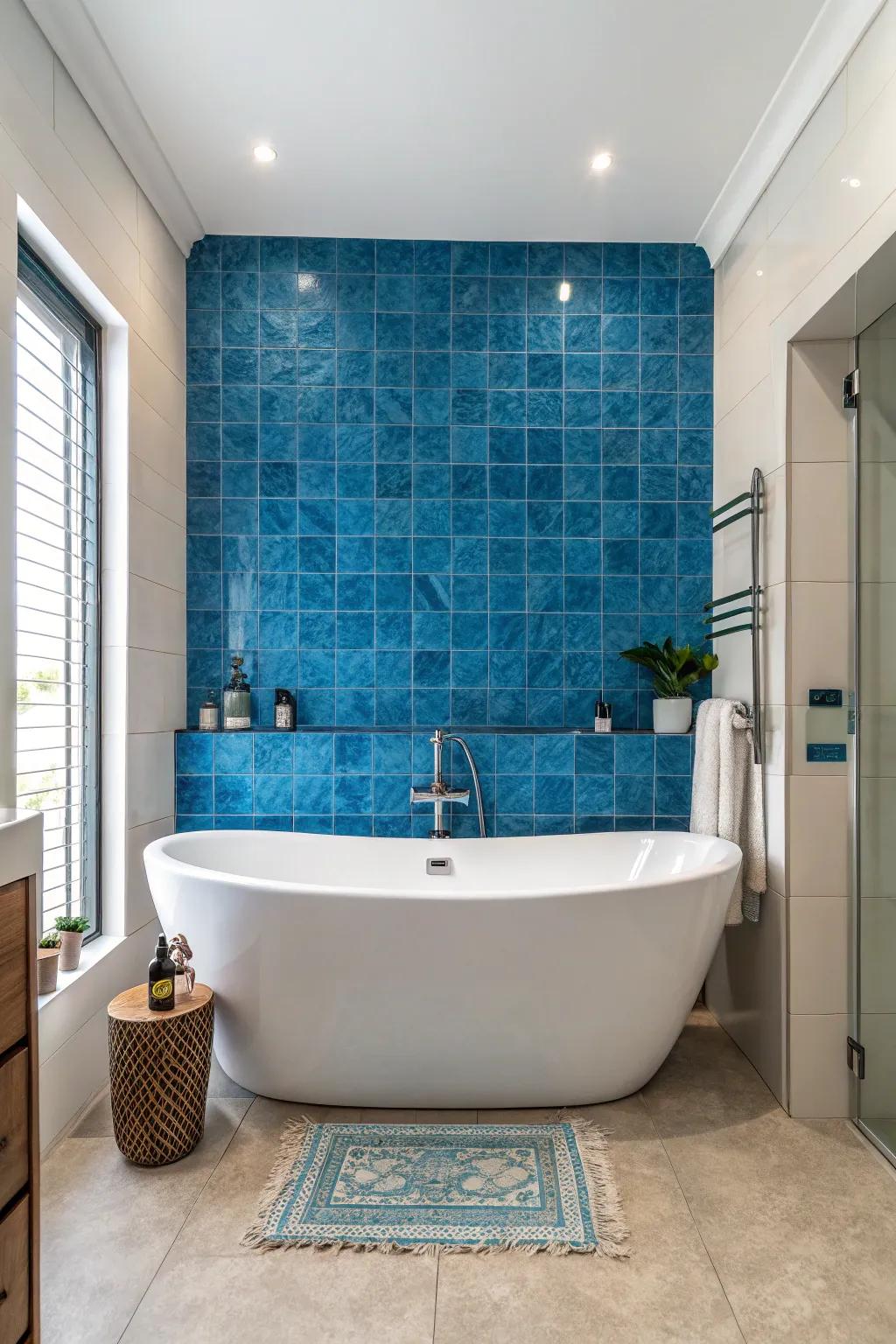 A striking blue statement wall becomes an eye-catching focal point.