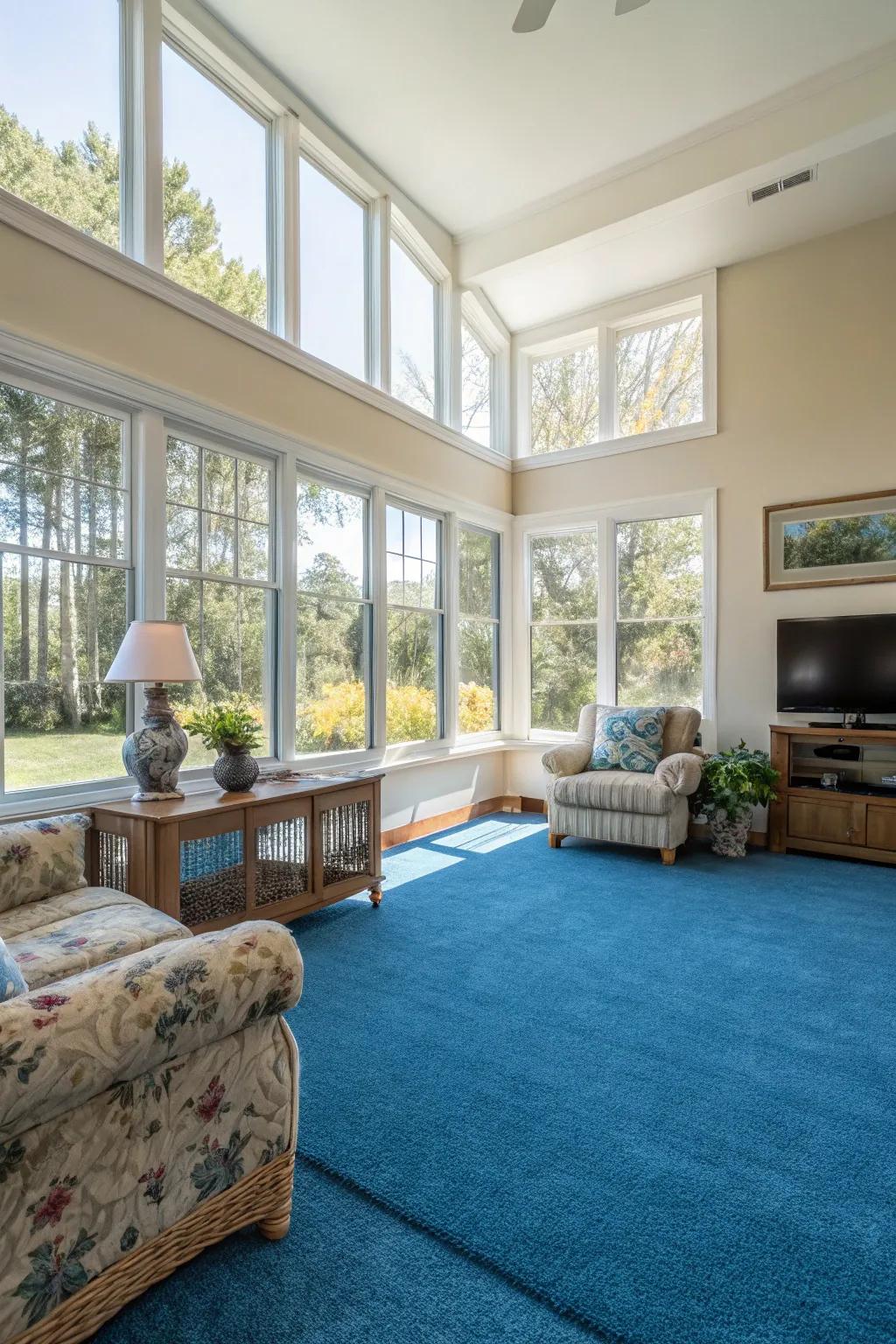 Natural illumination amplifies the allure of a blue carpet in a radiant, airy lounge.