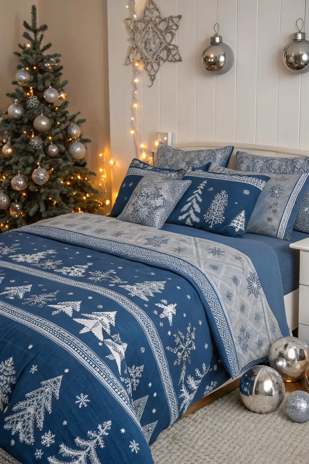 A snug and celebratory azure Christmas bedroom