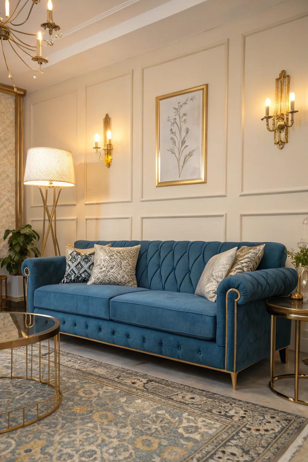 Metallic accents bring a luxurious feel to a sapphire sofa scene.