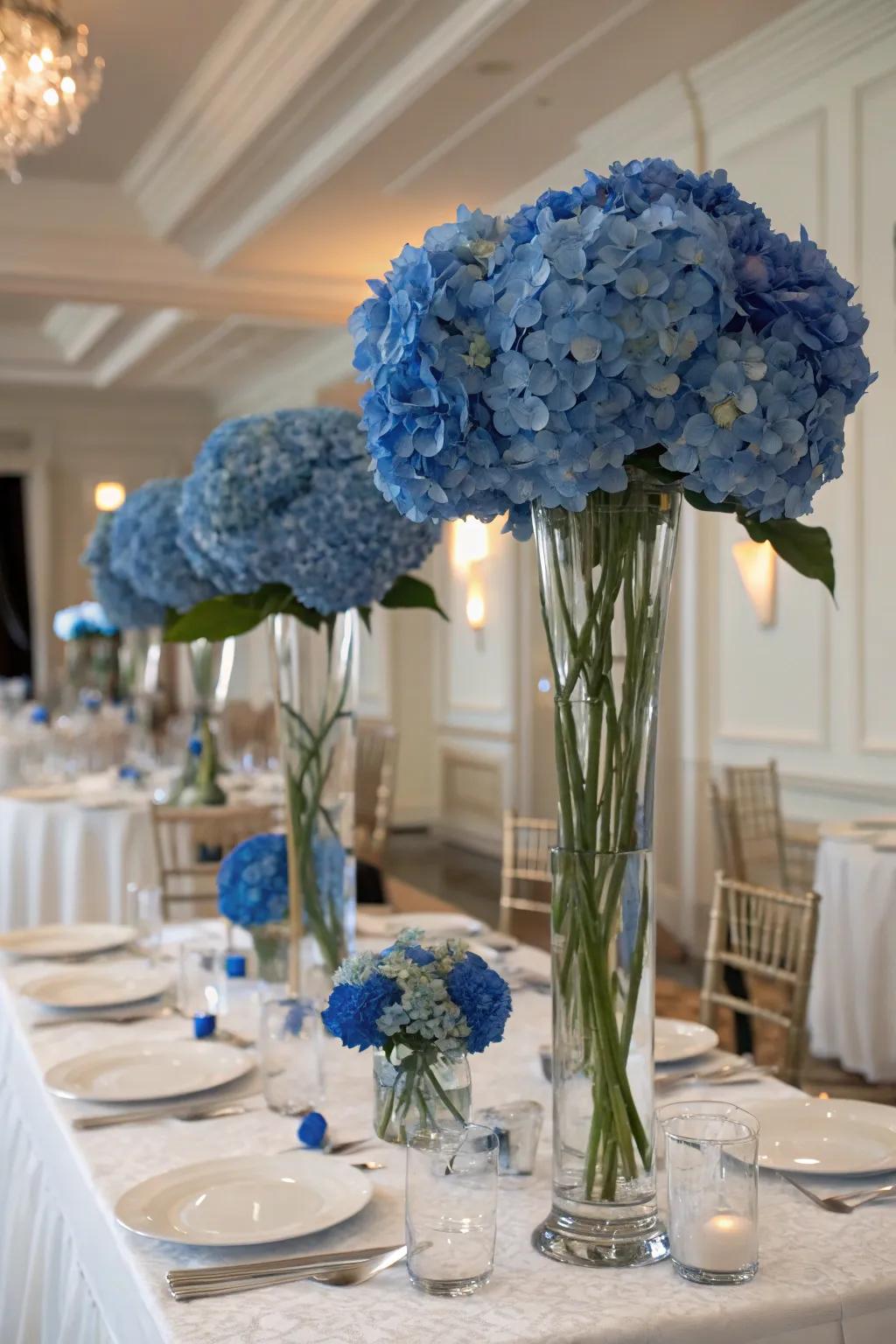 Tall vases lend blue hydrangeas a dramatic, sophisticated presence.