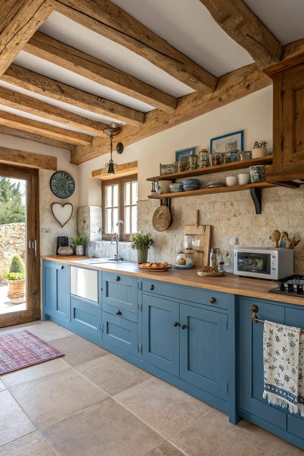 Azure cabinetry coupled with timber features proposes a down-to-earth charm that is both inviting and cozy.