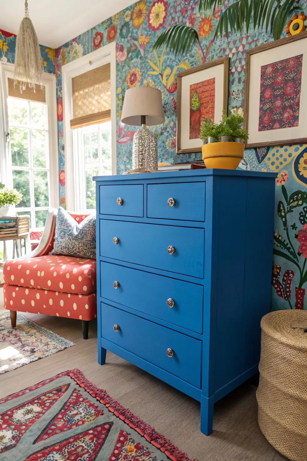An electric blue dresser serving as an audacious centerpiece in a lively space.