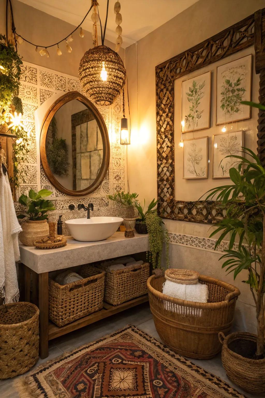A boho bathroom showcasing a statement decorative reflector.