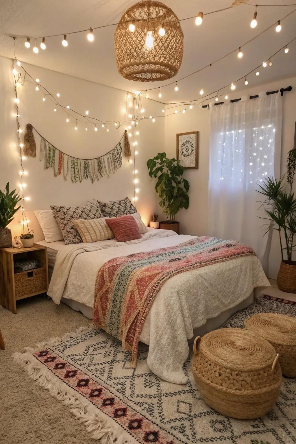 Ambient lighting builds a peaceful, warm tone in a boho bedroom.