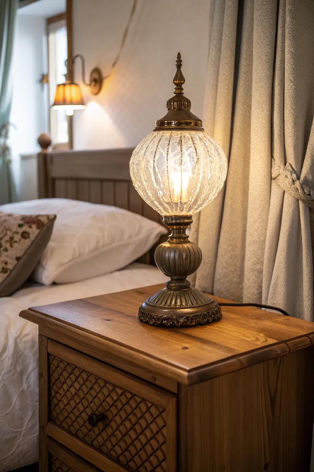 A classic glass lamp incorporating vibrancy and charm to a boho-style bedside table.