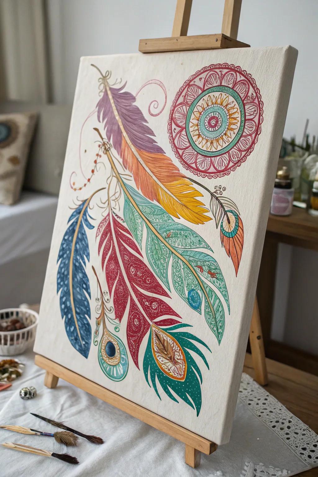 A boho painting portraying the delicate charm and symbolism of feathers.