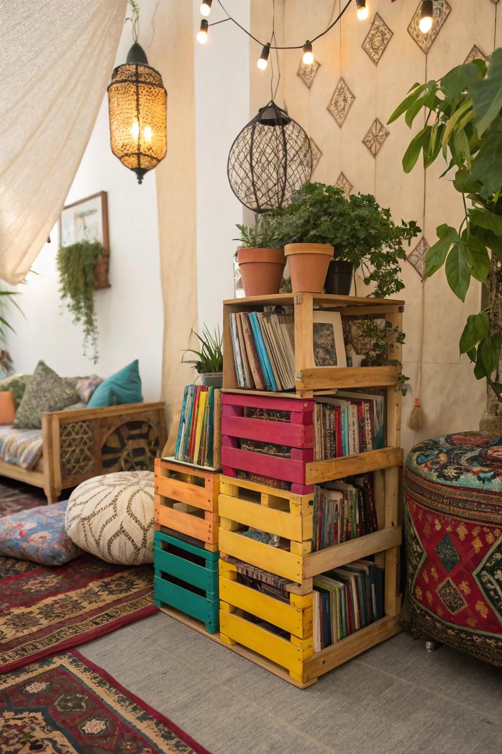 Vibrant crates add a playful touch to your storage solutions.