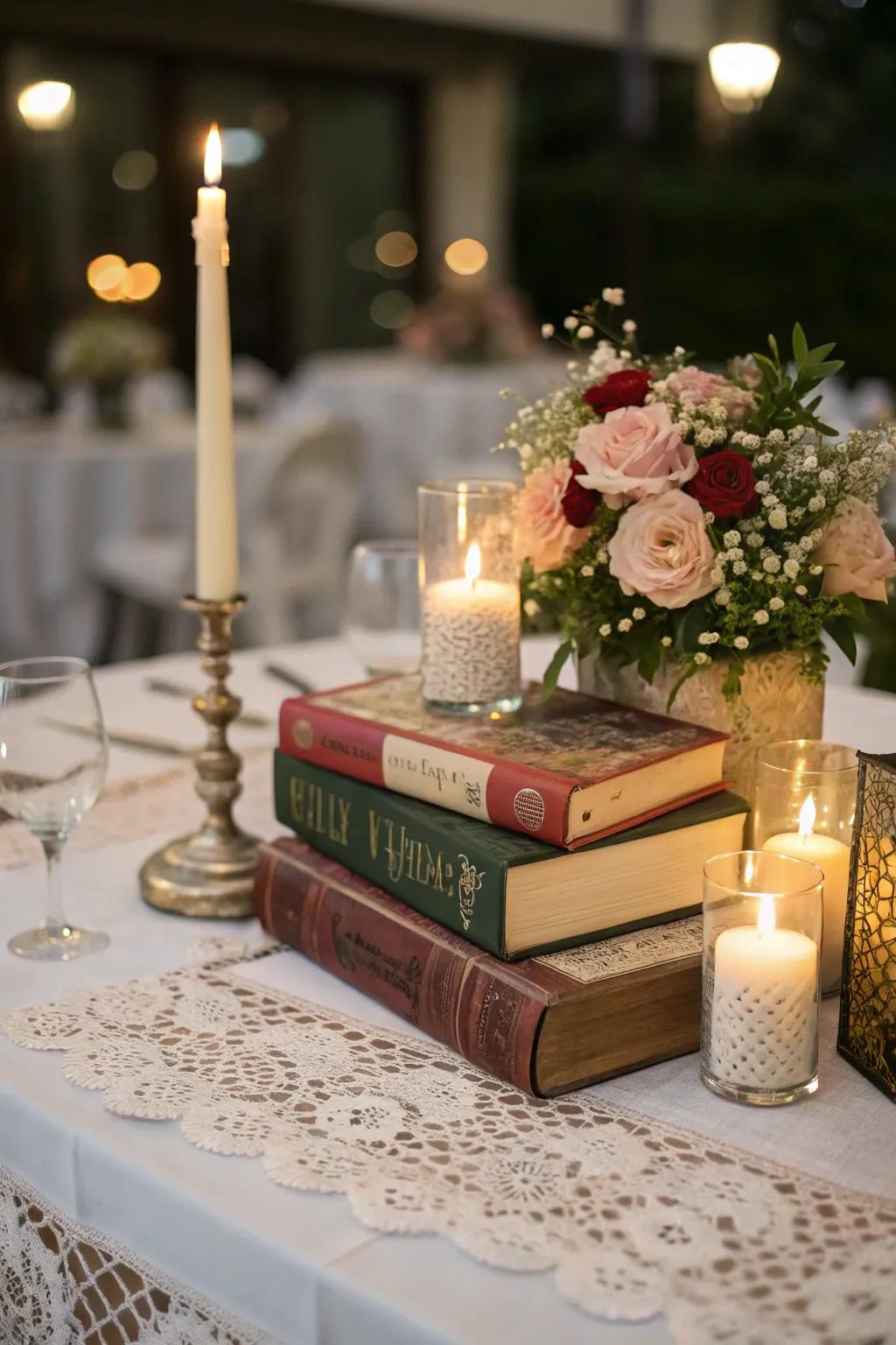 Passionate themed book arrangement ideal for intimate settings.