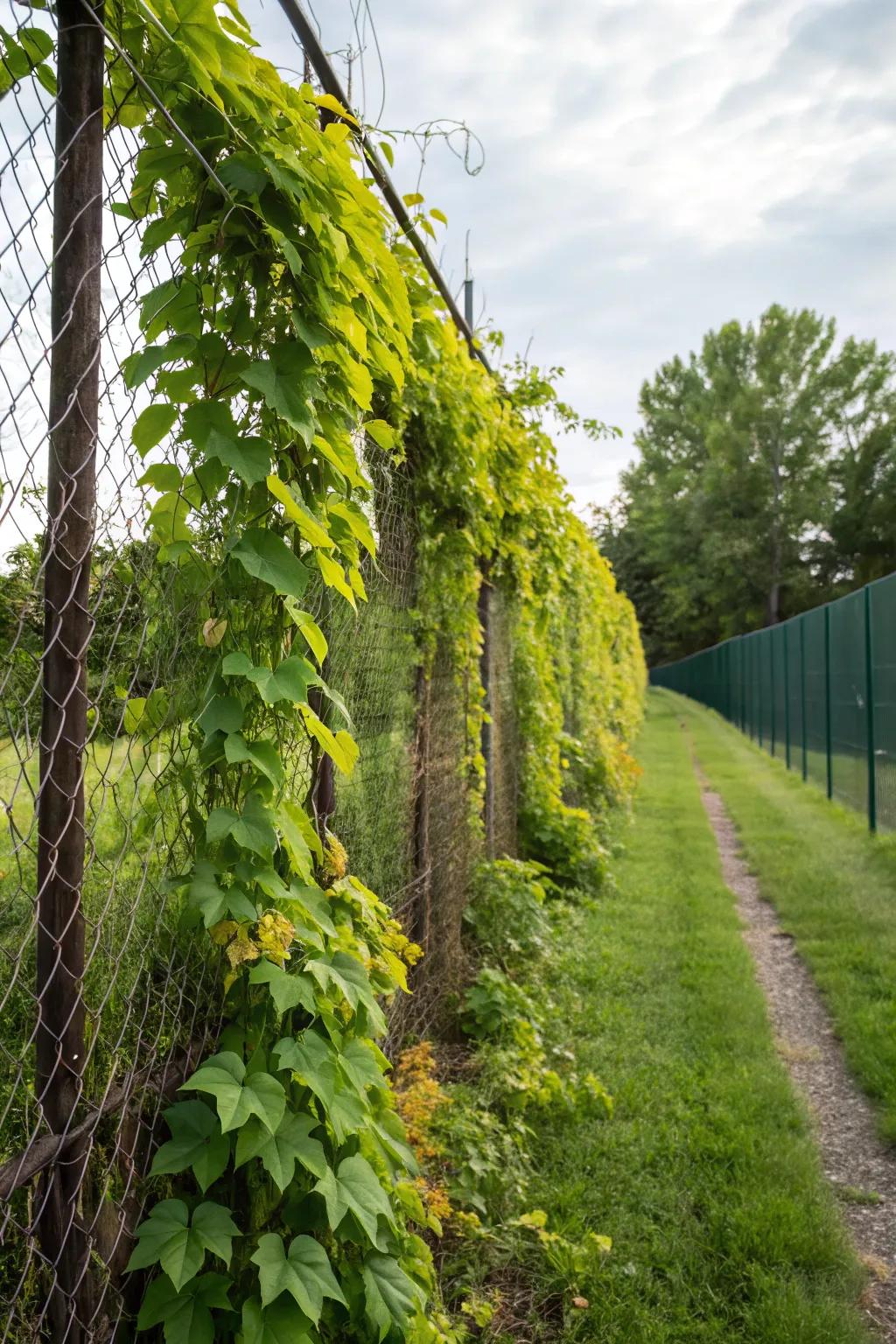Living walls are created when fences are covered with climbing vines.