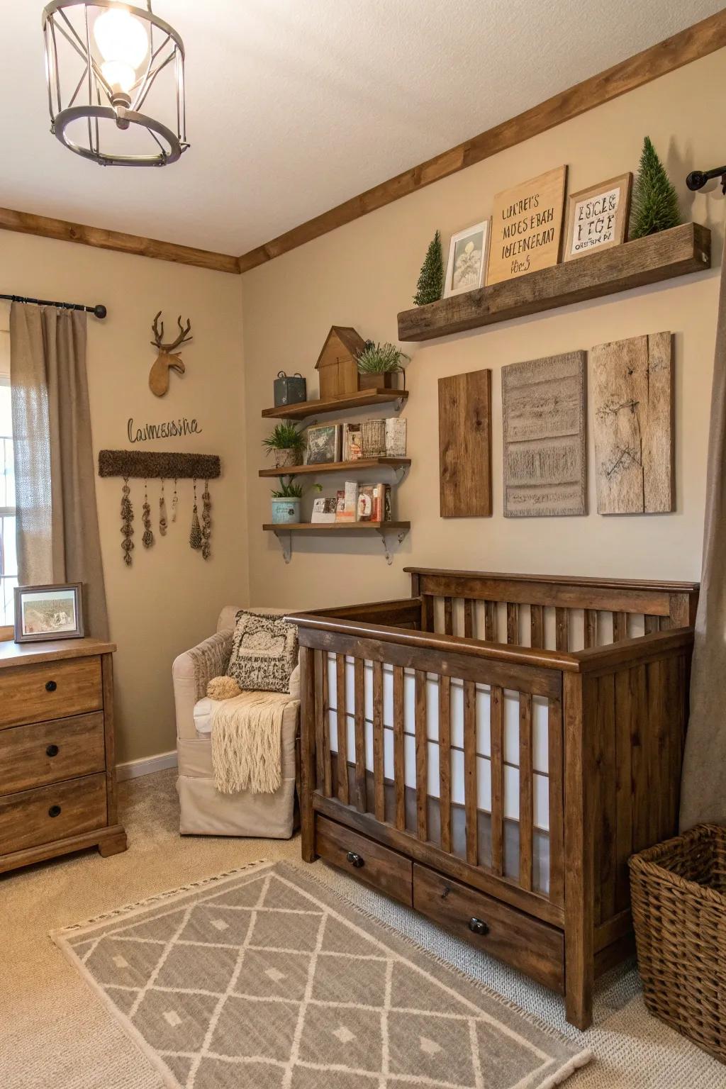 Welcome warmth using a rustic farmhouse-themed nursery.