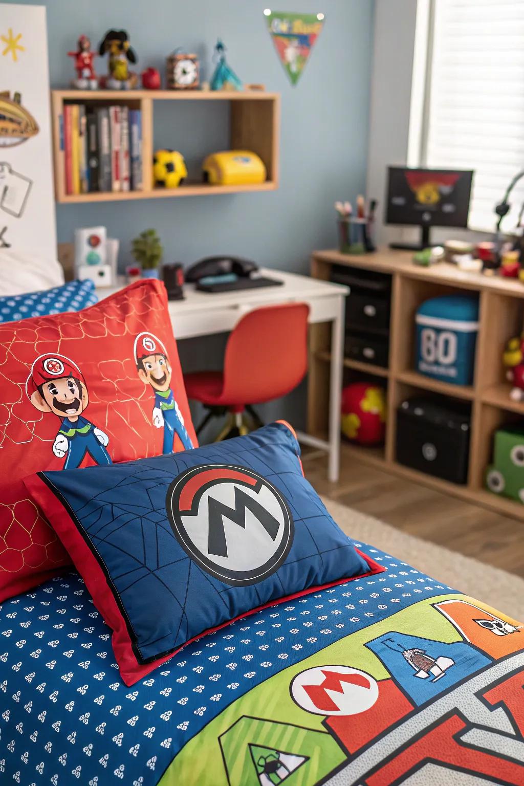 Bedding exhibiting gaming themes contributes a spirited element to the area.