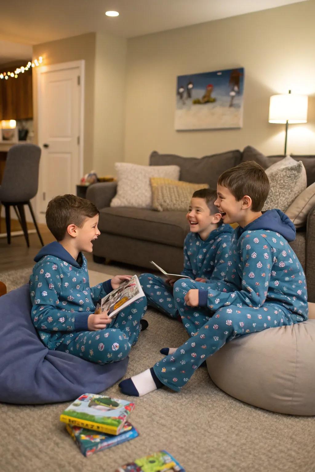Coordinated pajamas contribute a sense of delight and unity to the sleepover.