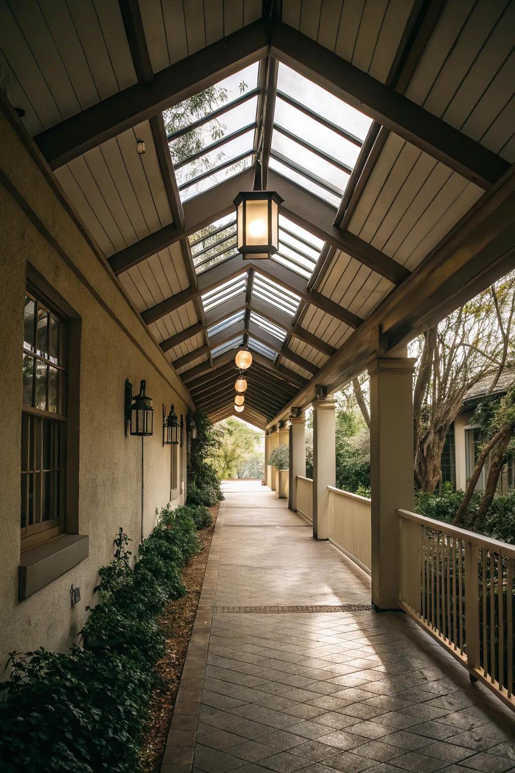 A covered breezeway with skylights that provides shelter while remaining light-filled.